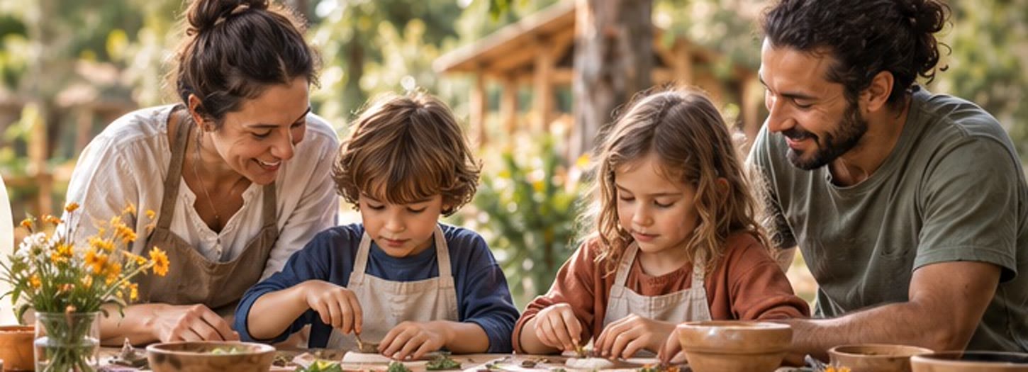 Dos adultos y dos niños trabajan juntos alrededor de una mesa al aire libre, con cuencos de barro y flores.
